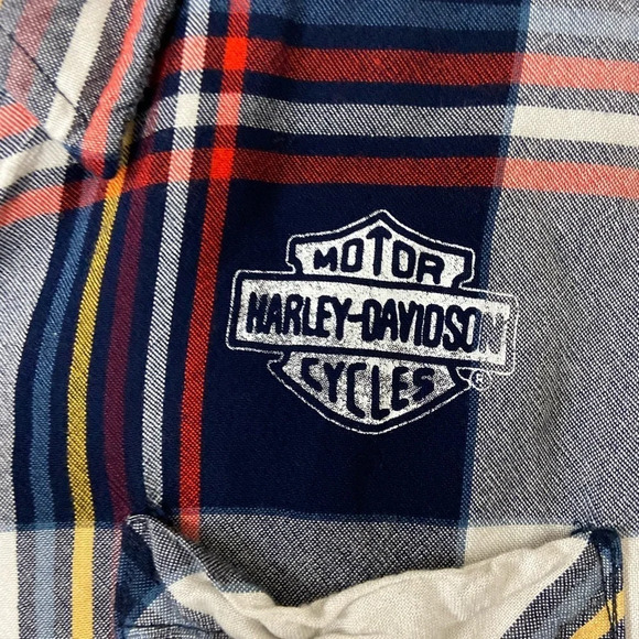 Harley Davidson black red white plaid raw hem button Shirt Sz L - Picture 5 of 11
